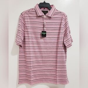 541- Jos A Bank Reserve Mens Short Sleeve Polo Size M Pink Navy Stripe NWT